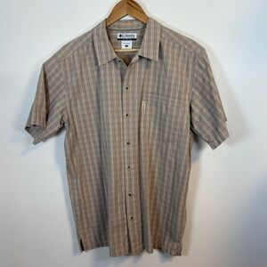 Columbia Men’s Brown Tan Checkered Short Sleeve Button-Up Shirt, Size Large